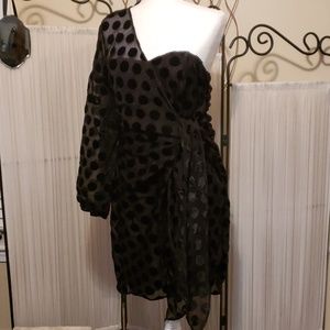 Venus black velvet polka dot one sleeve dress